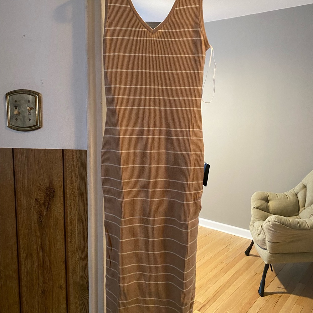 Striped Tan Sleeveless Dress